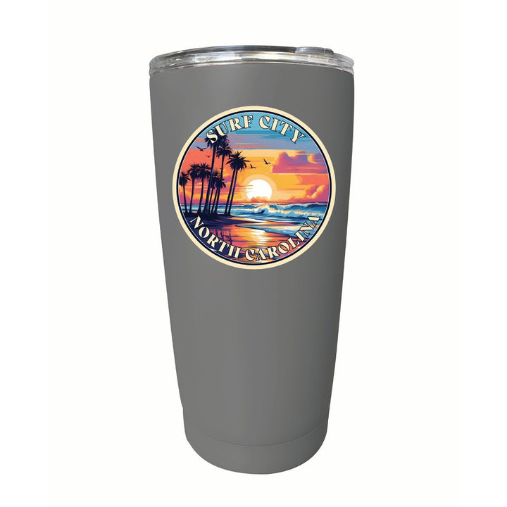 Surf City North Carolina Palm Sunset Design Souvenir 16 oz Stainless Steel Insulated Tumbler Image 1