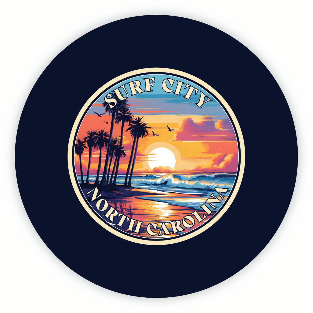 Surf City North Carolina Palm Sunset Design Souvenir Round Vinyl Decal Sticker Image 1