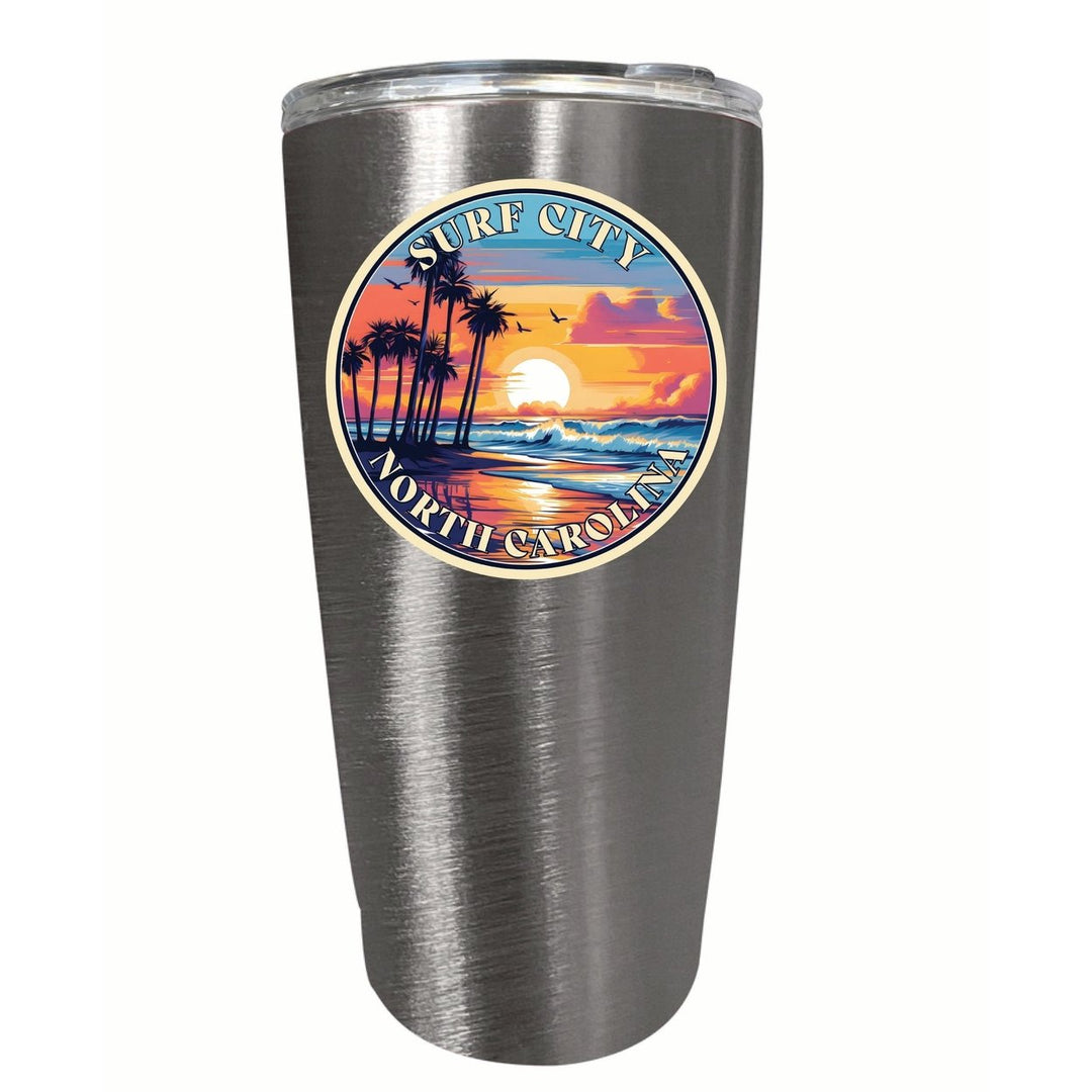 Surf City North Carolina Palm Sunset Design Souvenir 16 oz Stainless Steel Insulated Tumbler Image 1