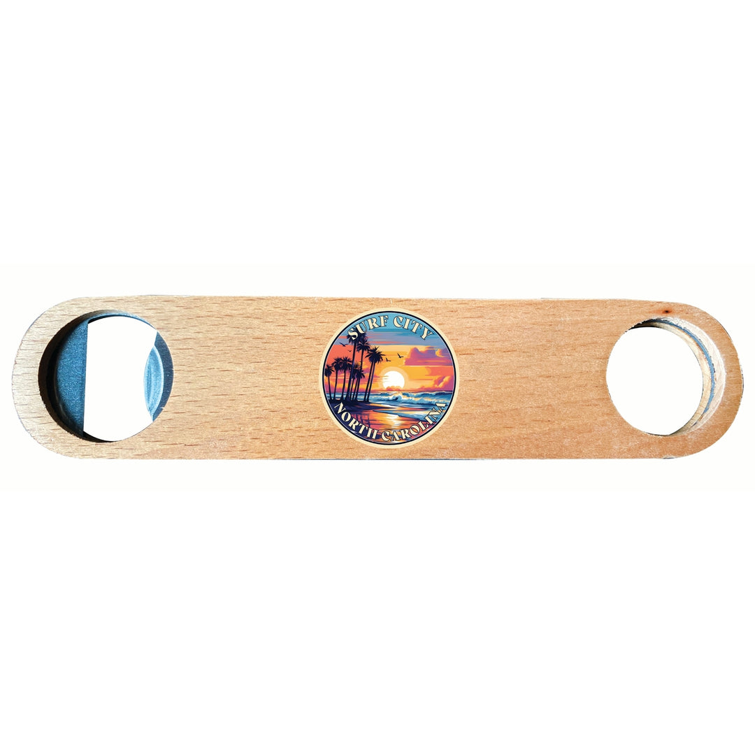 Surf City North Carolina Palm Sunset Design Souvenir Wooden Bottle Opener Image 1