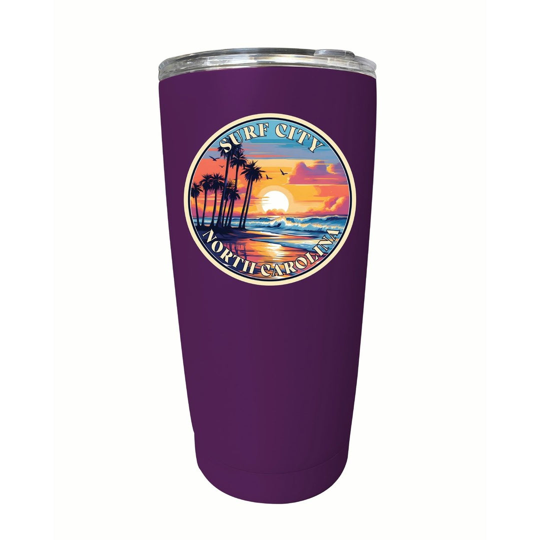 Surf City North Carolina Palm Sunset Design Souvenir 16 oz Stainless Steel Insulated Tumbler Image 1