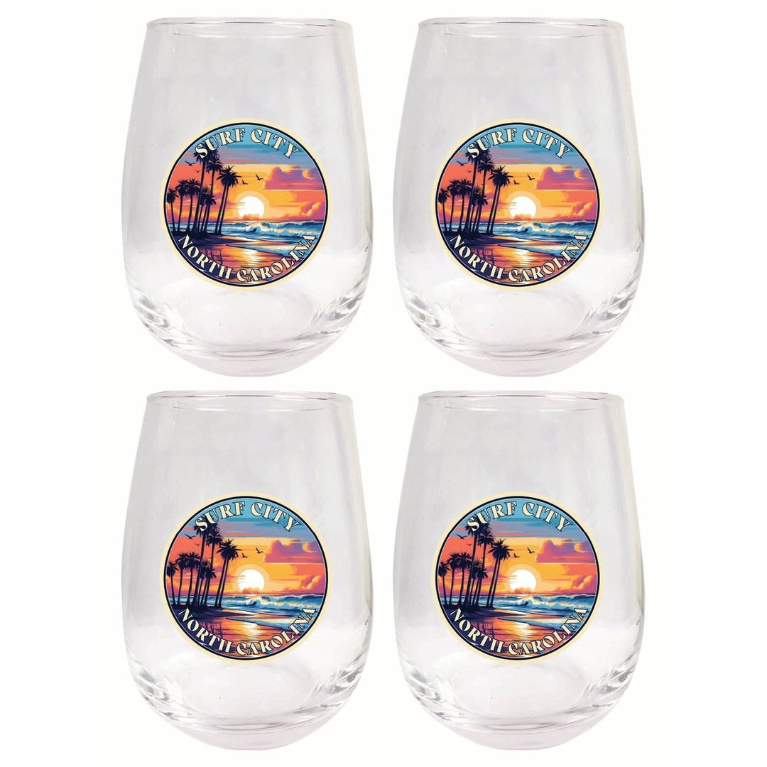 Surf City North Carolina Palm Sunset Design Souvenir 15 oz Stemless Wine Glass 4-Pack Image 1