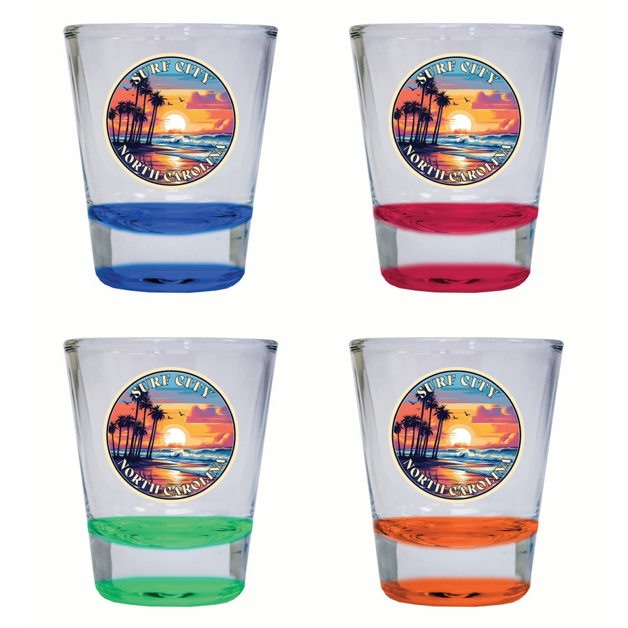 Surf City North Carolina Palm Sunset Design Souvenir 2 Ounce Shot Glass Round 4-Pack Multicolor Image 1