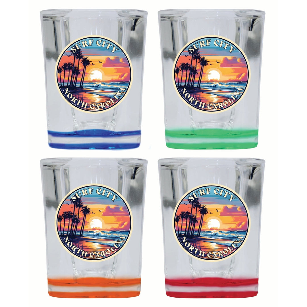 Surf City North Carolina Palm Sunset Design Souvenir 2 Ounce Shot Glass Square 4-Pack Multicolor Image 1