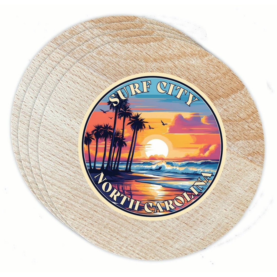 Surf City North Carolina Palm Sunset Design Souvenir Coaster Wooden 3.5 x 3.5-Inch 4 Pack Image 1