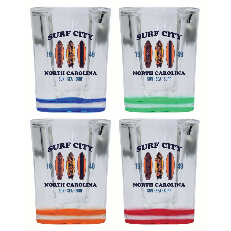 Surf City North Carolina Sun Sea Surf Design Souvenir 2 Ounce Shot Glass Square 4-Pack Multicolor Image 1