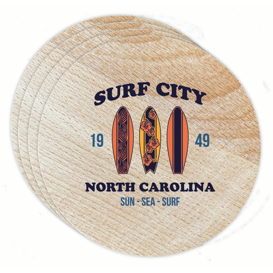 Surf City North Carolina Sun Sea Surf Design Souvenir Coaster Wooden 3.5 x 3.5-Inch 4 Pack Image 1