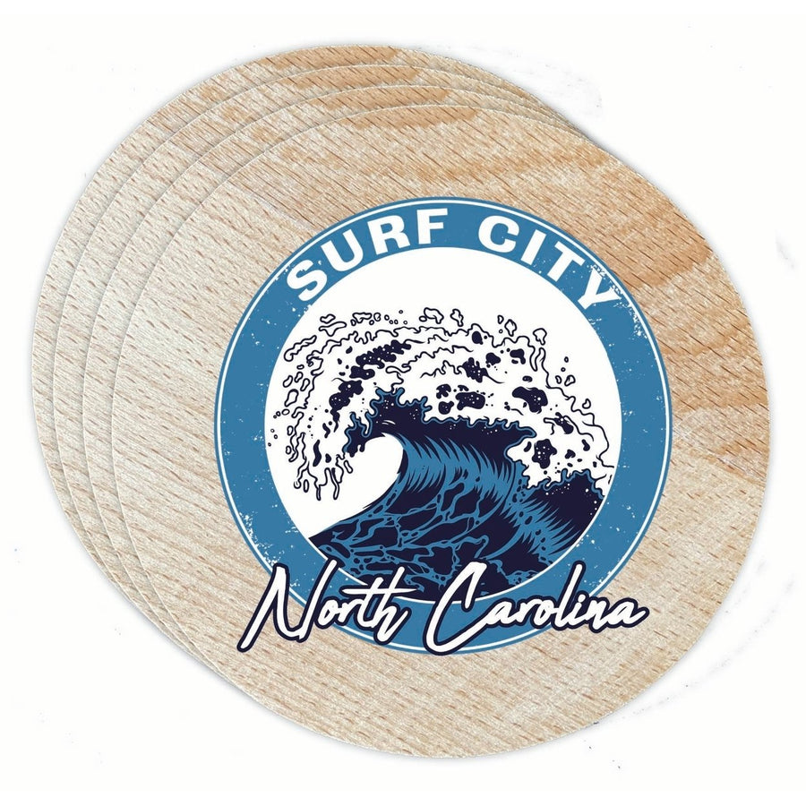 Surf City North Carolina Wave Design Souvenir Coaster Wooden 3.5 x 3.5-Inch 4 Pack Image 1