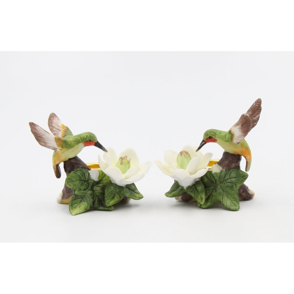 Ceramic Hummingbird Magnolia Flower Candle Holders Set of 2 Gift Image 2