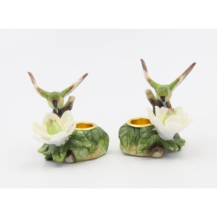 Ceramic Hummingbird Magnolia Flower Candle Holders Set of 2 Gift Image 3