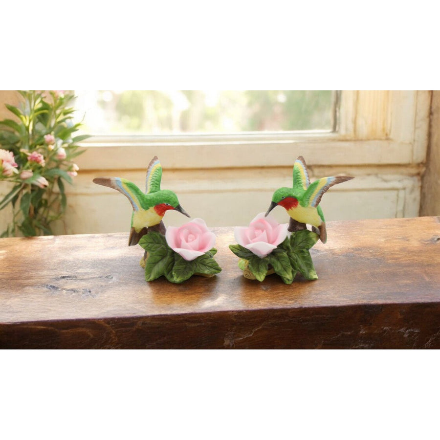 Ceramic Hummingbird Candle Holders Set of 2 Pink Rose Flower Gift Image 1