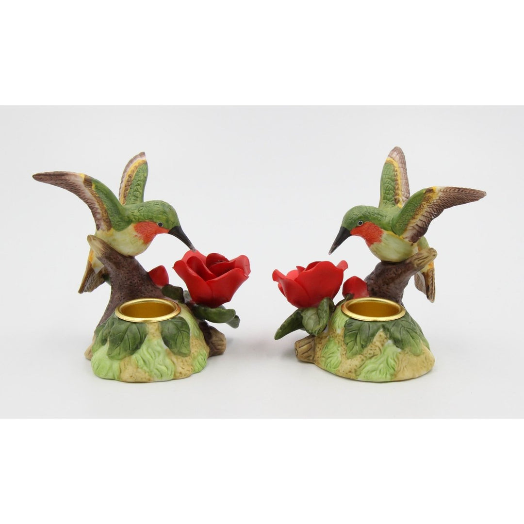 Ceramic Hummingbird Candle Holders Set of 2 Red Rose Flower 3.5in Decor Gift Image 3