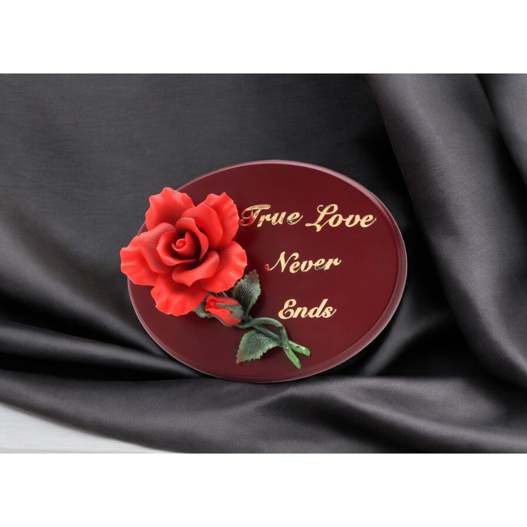 Wooden Wall Plaque with Ceramic Red Rose Flower 1.75 Inch Depth Gift Image 1