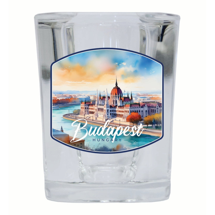 Budapest Hungary Watercolor Cityscape Design Souvenir 2 Ounce Shot Glass Square Image 1