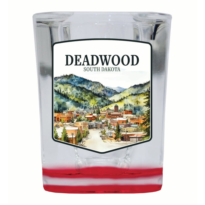 Deadwood South Dakota Watercolor Cityscape Design Souvenir 2 Ounce Shot Glass Square Image 1