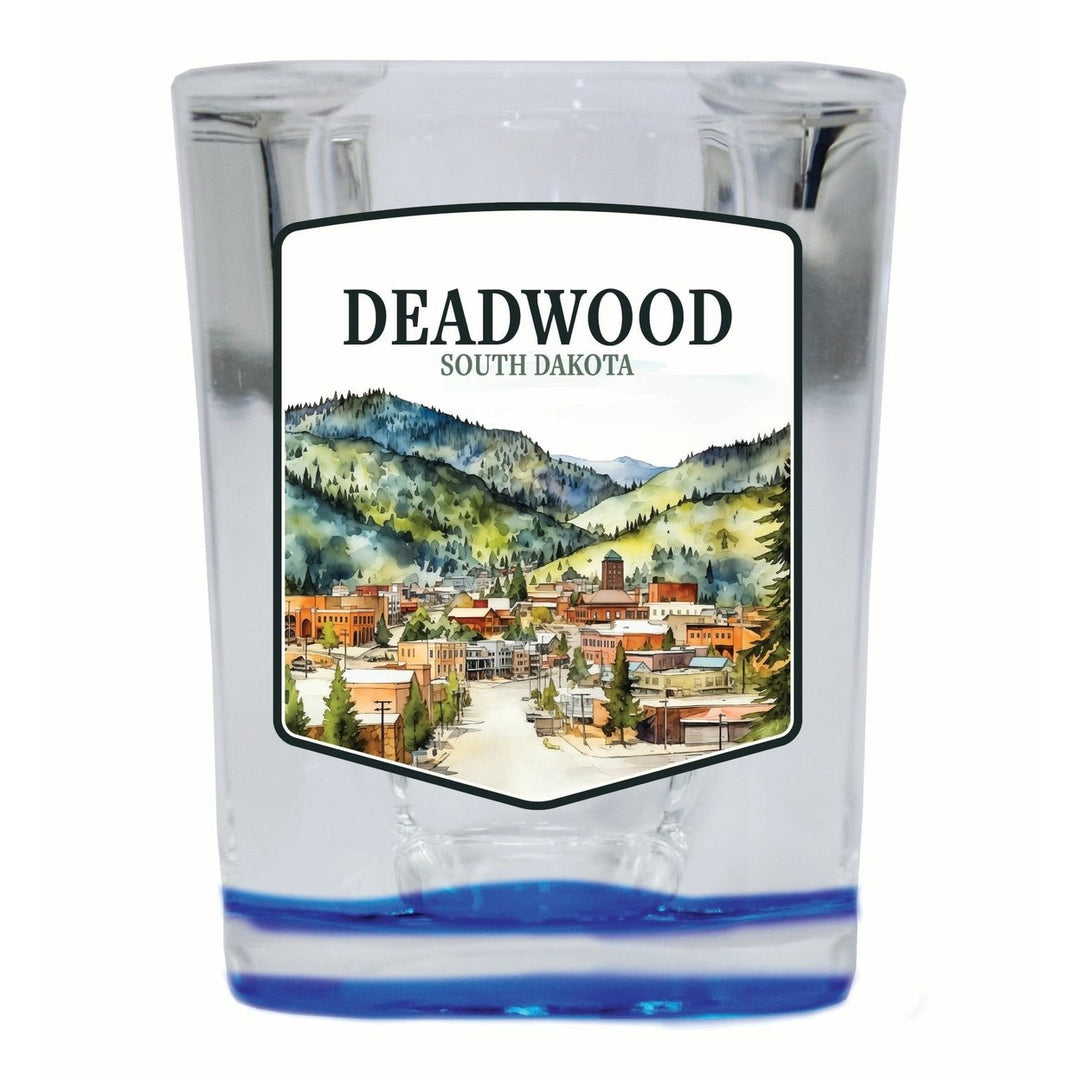 Deadwood South Dakota Watercolor Cityscape Design Souvenir 2 Ounce Shot Glass Square Image 1