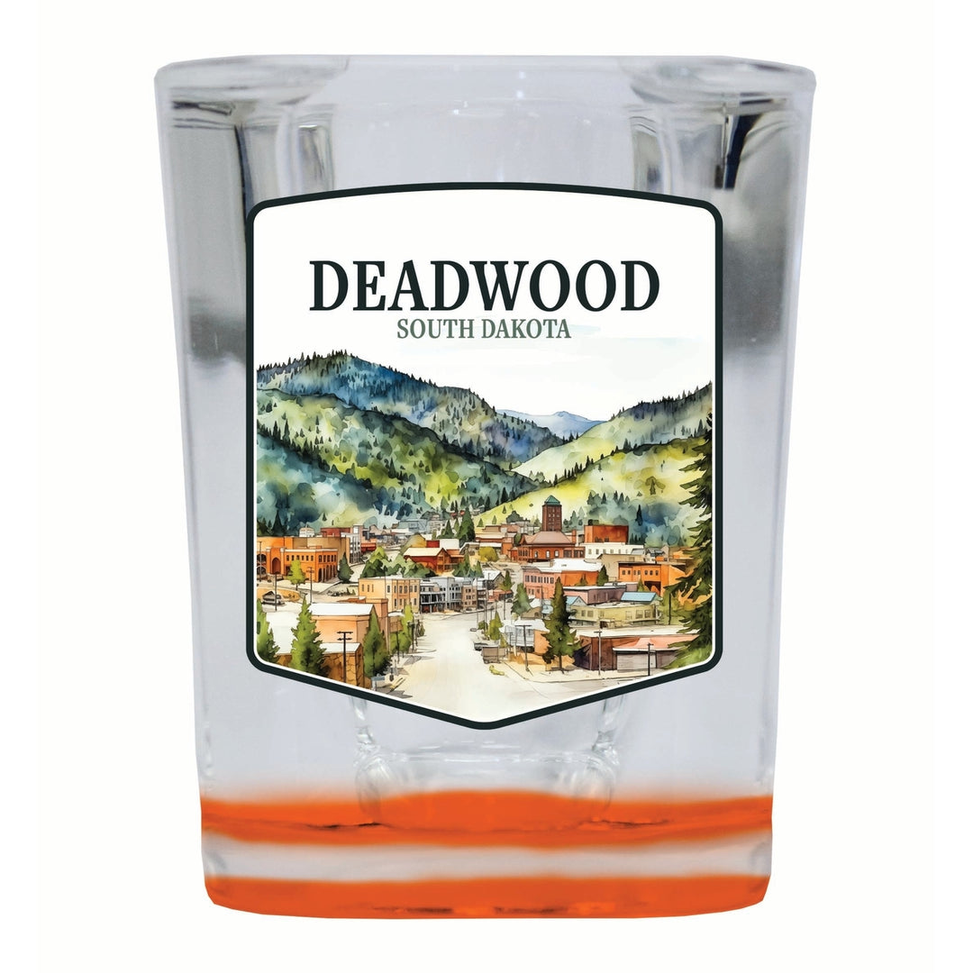 Deadwood South Dakota Watercolor Cityscape Design Souvenir 2 Ounce Shot Glass Square Image 3