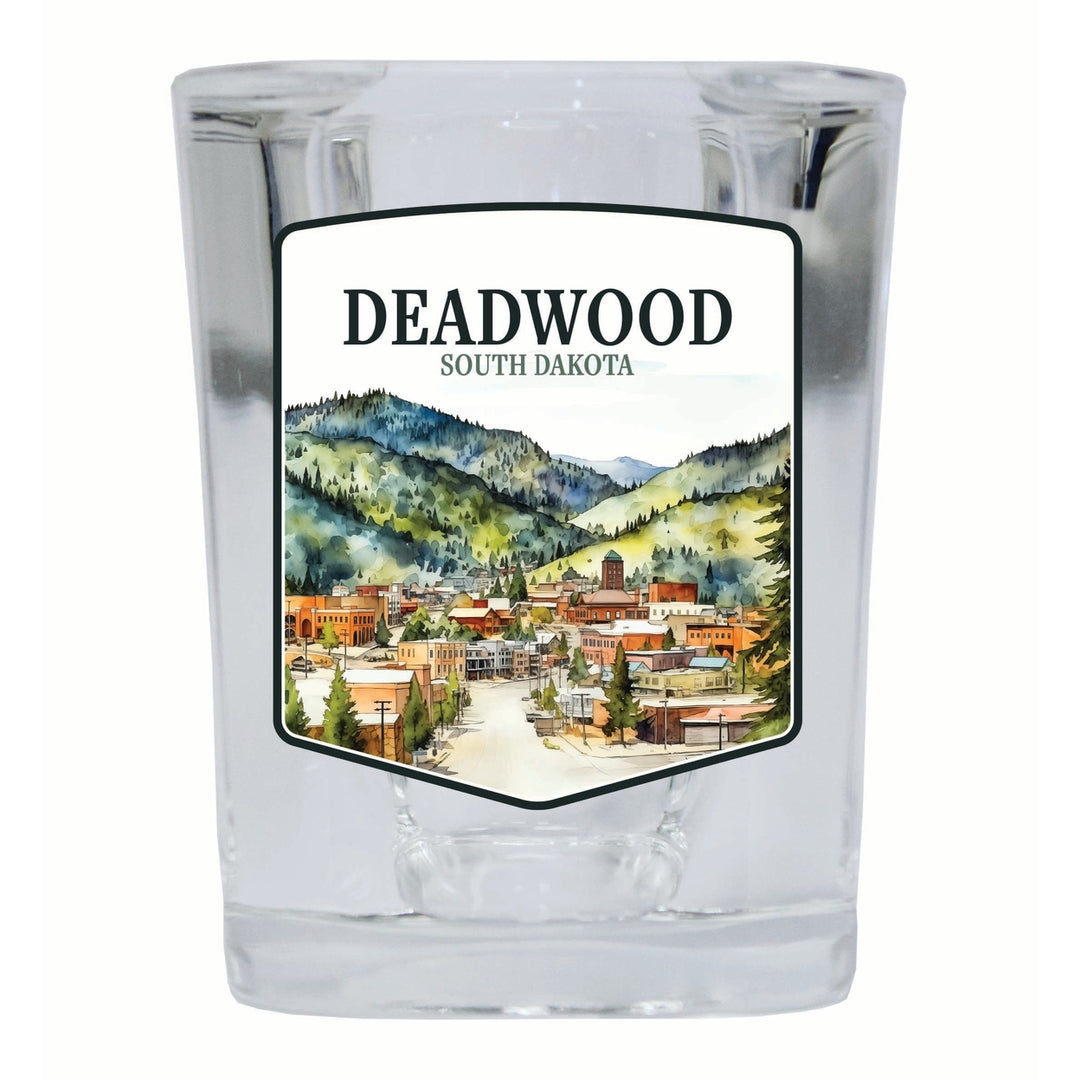 Deadwood South Dakota Watercolor Cityscape Design Souvenir 2 Ounce Shot Glass Square Image 4