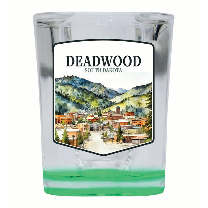 Deadwood South Dakota Watercolor Cityscape Design Souvenir 2 Ounce Shot Glass Square Image 4