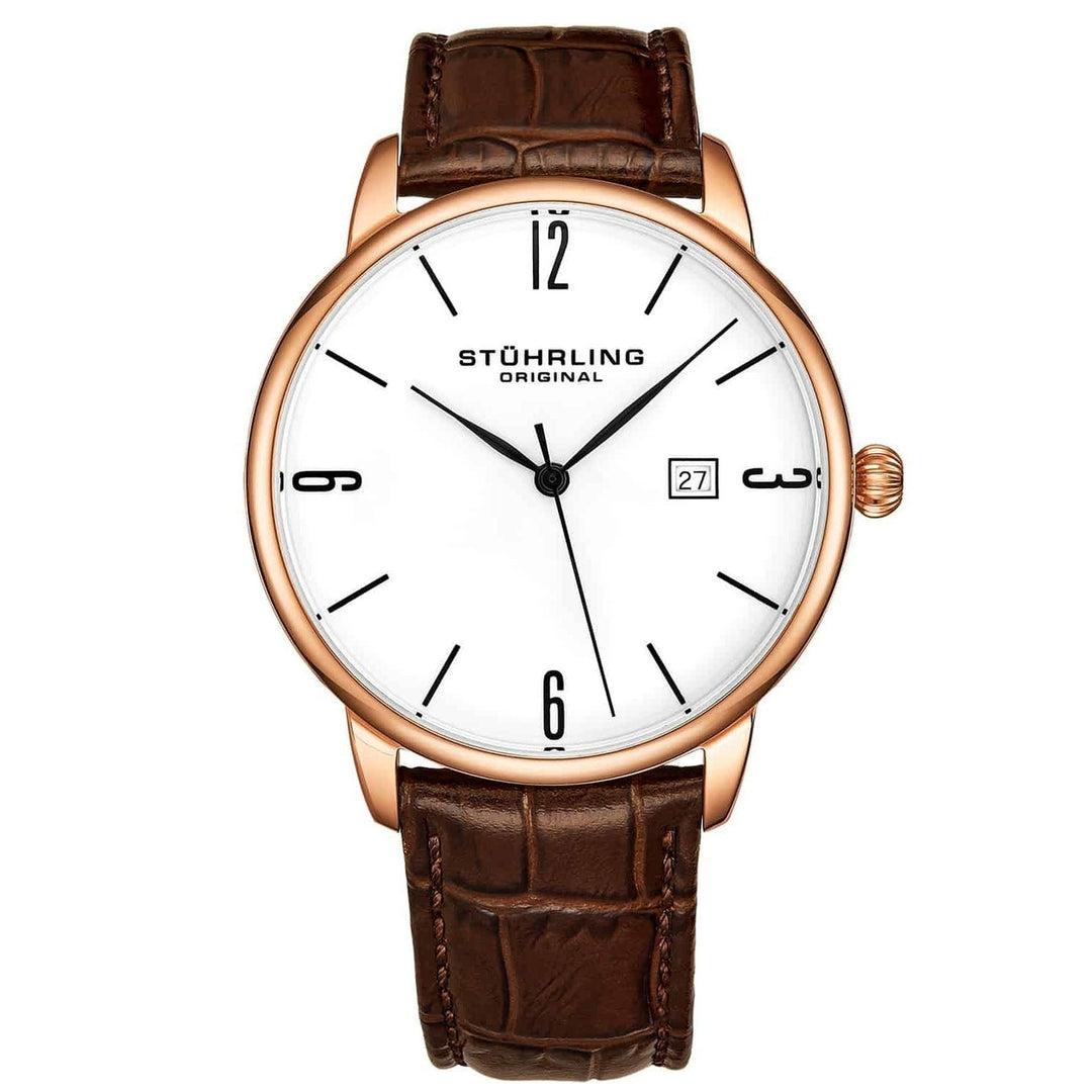 Stuhrling Mens Ascot Watch 997L.04 White Dial Stainless Steel Leather Strap Image 1