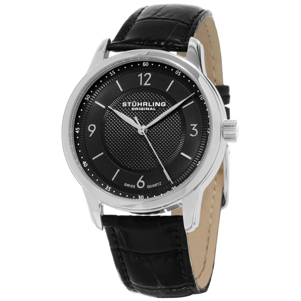 Stuhrling Mens Symphony Black Dial Quartz Watch 572.02 Stainless Steel Leather Strap Image 1