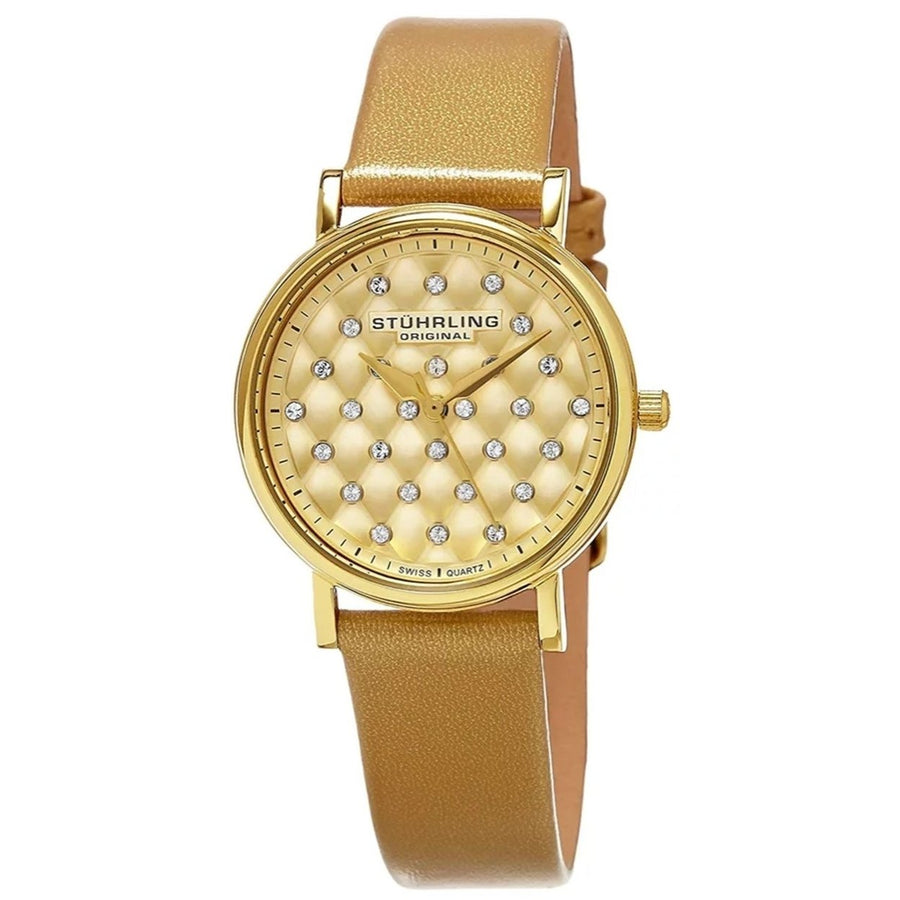 Stuhrling Womens Audrey Gold Dial Quartz Watch 799.03 Stainless Steel Leather Strap Image 1