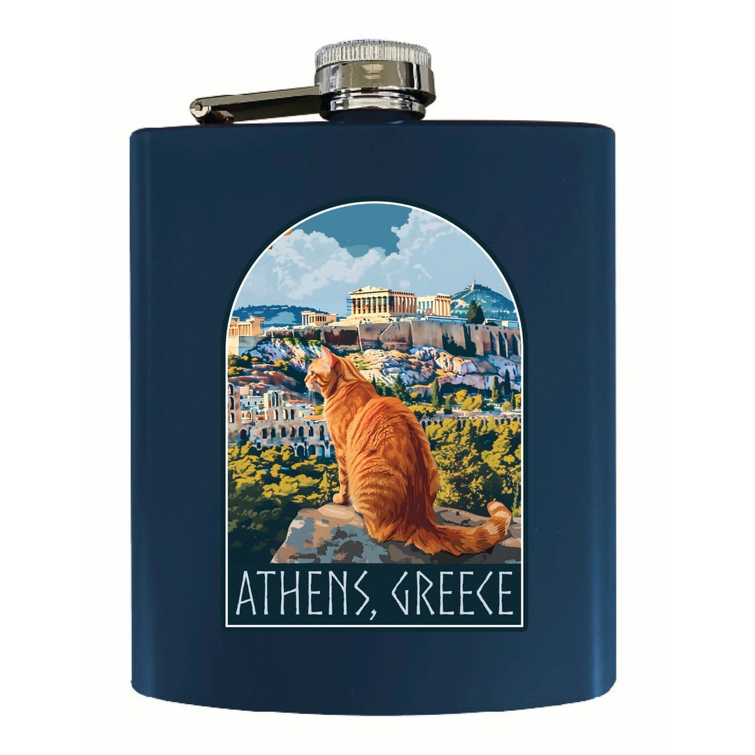 Athens Greece Cat Acropolis Design Souvenir 7 oz Steel Flask Matte Finish Image 1