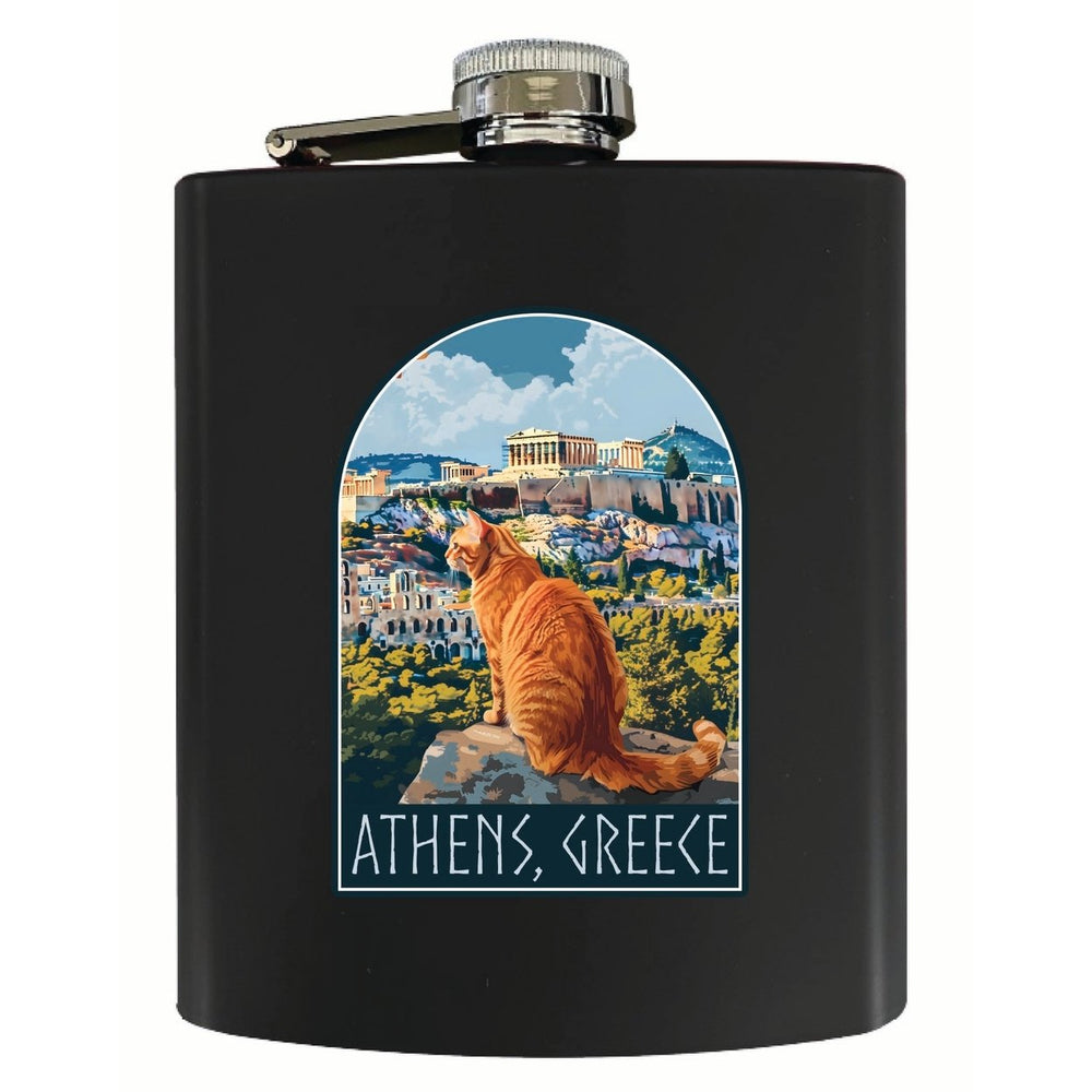 Athens Greece Cat Acropolis Design Souvenir 7 oz Steel Flask Matte Finish Image 2