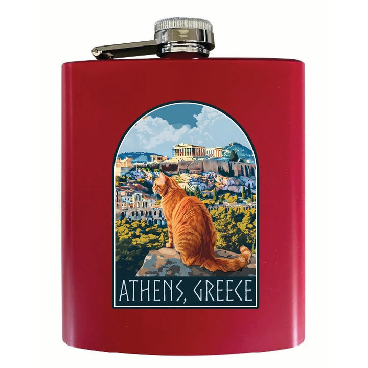 Athens Greece Cat Acropolis Design Souvenir 7 oz Steel Flask Matte Finish Image 3