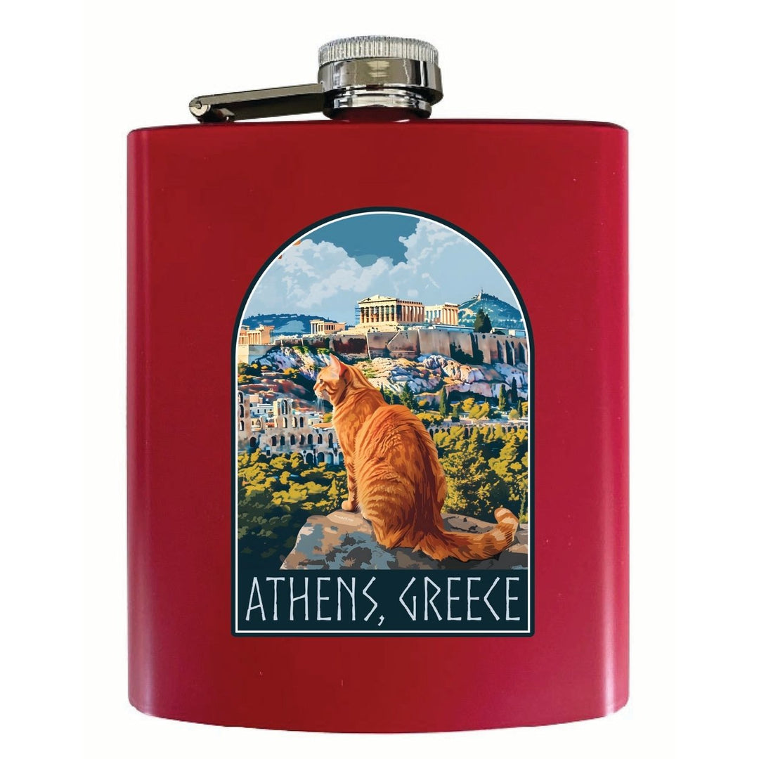 Athens Greece Cat Acropolis Design Souvenir 7 oz Steel Flask Matte Finish Image 1