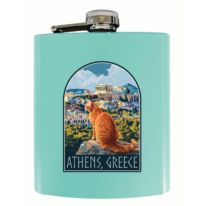 Athens Greece Cat Acropolis Design Souvenir 7 oz Steel Flask Matte Finish Image 4