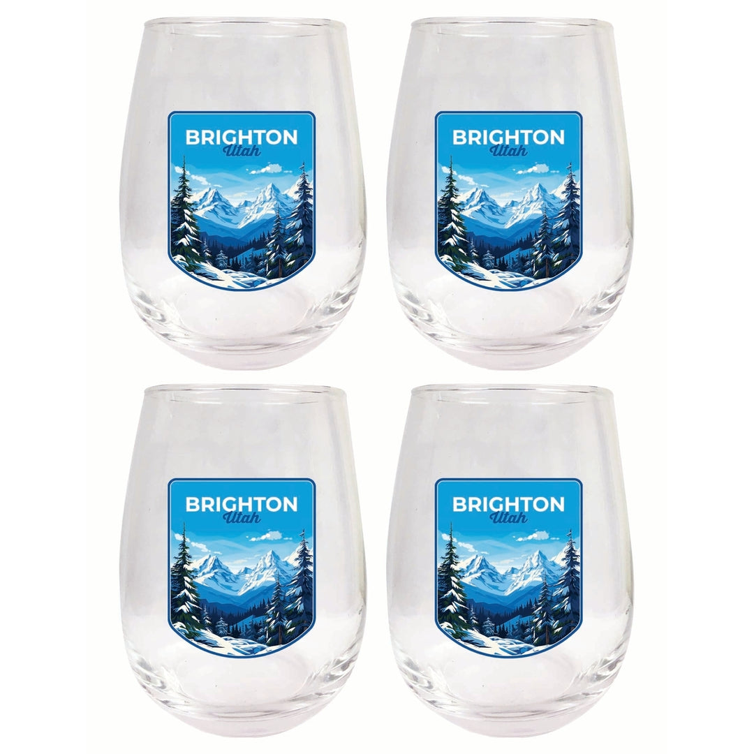 Brighton Utah Ski Resort Mountain Design Souvenir 15 oz Stemless Wine Glass 4-Pack Image 1