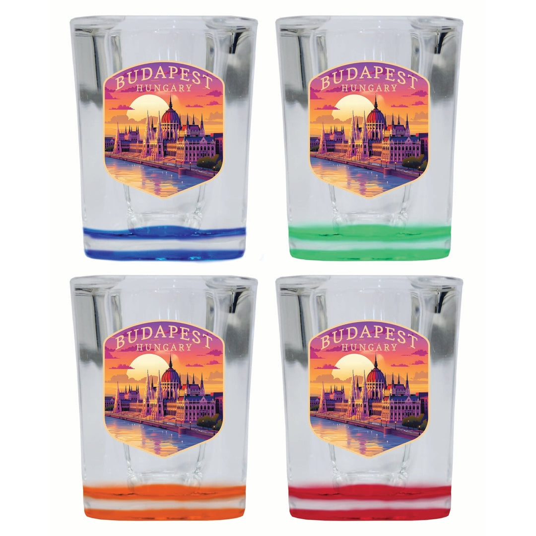 Budapest Hungary Parliament Building Design Souvenir 2 Ounce Shot Glass Square 4-Pack Multicolor Image 1