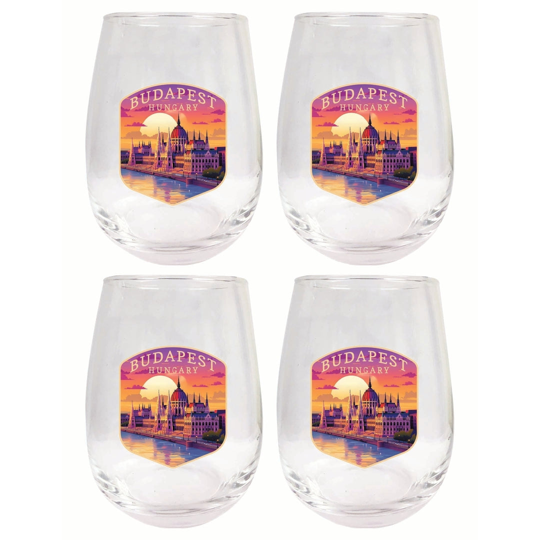 Budapest Hungary Parliament Building Design Souvenir 15 oz Stemless Wine Glass 4-Pack Image 1