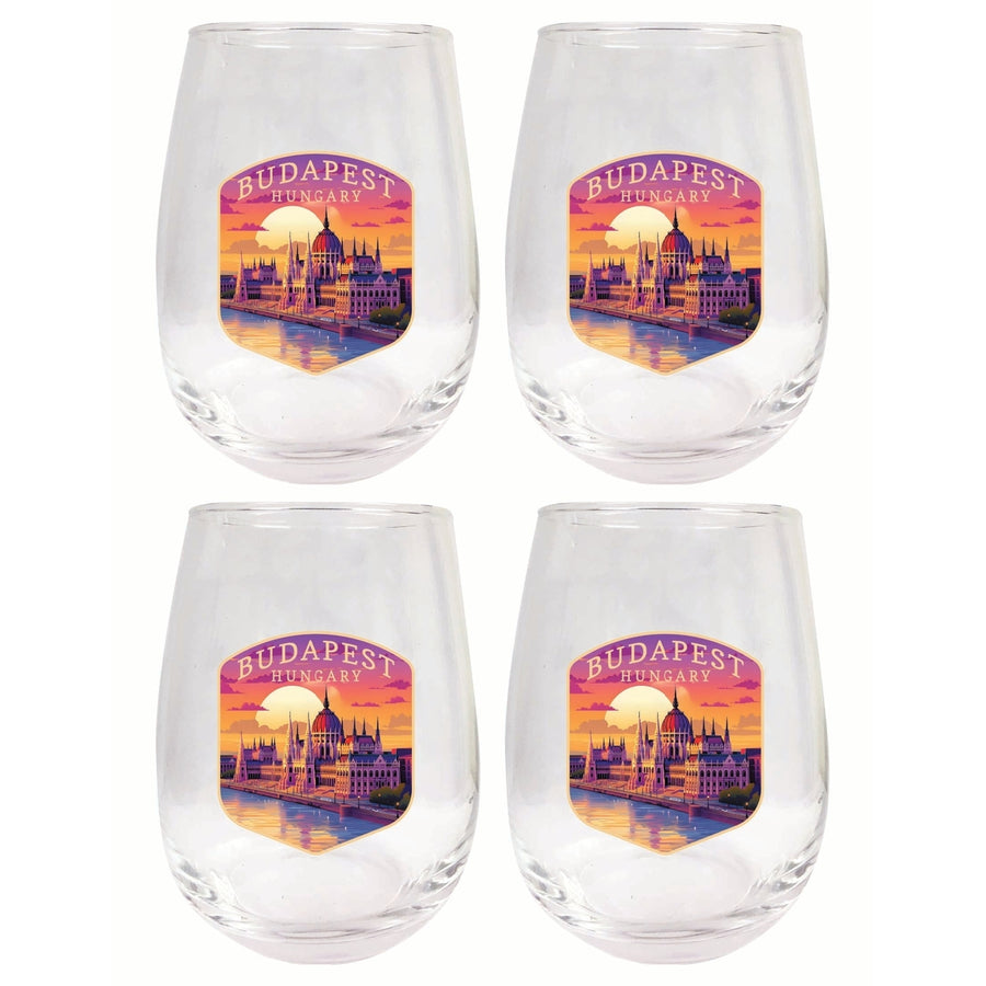 Budapest Hungary Parliament Building Design Souvenir 15 oz Stemless Wine Glass 4-Pack Image 1