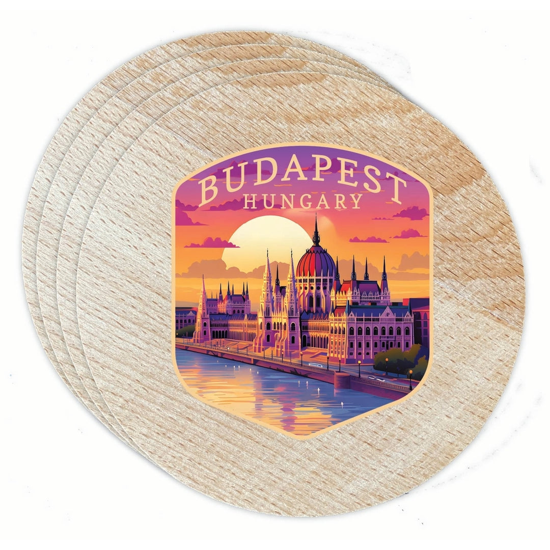 Budapest Hungary Parliament Building Design Souvenir Coaster Wooden 3.5 x 3.5-Inch 4 Pack Image 1