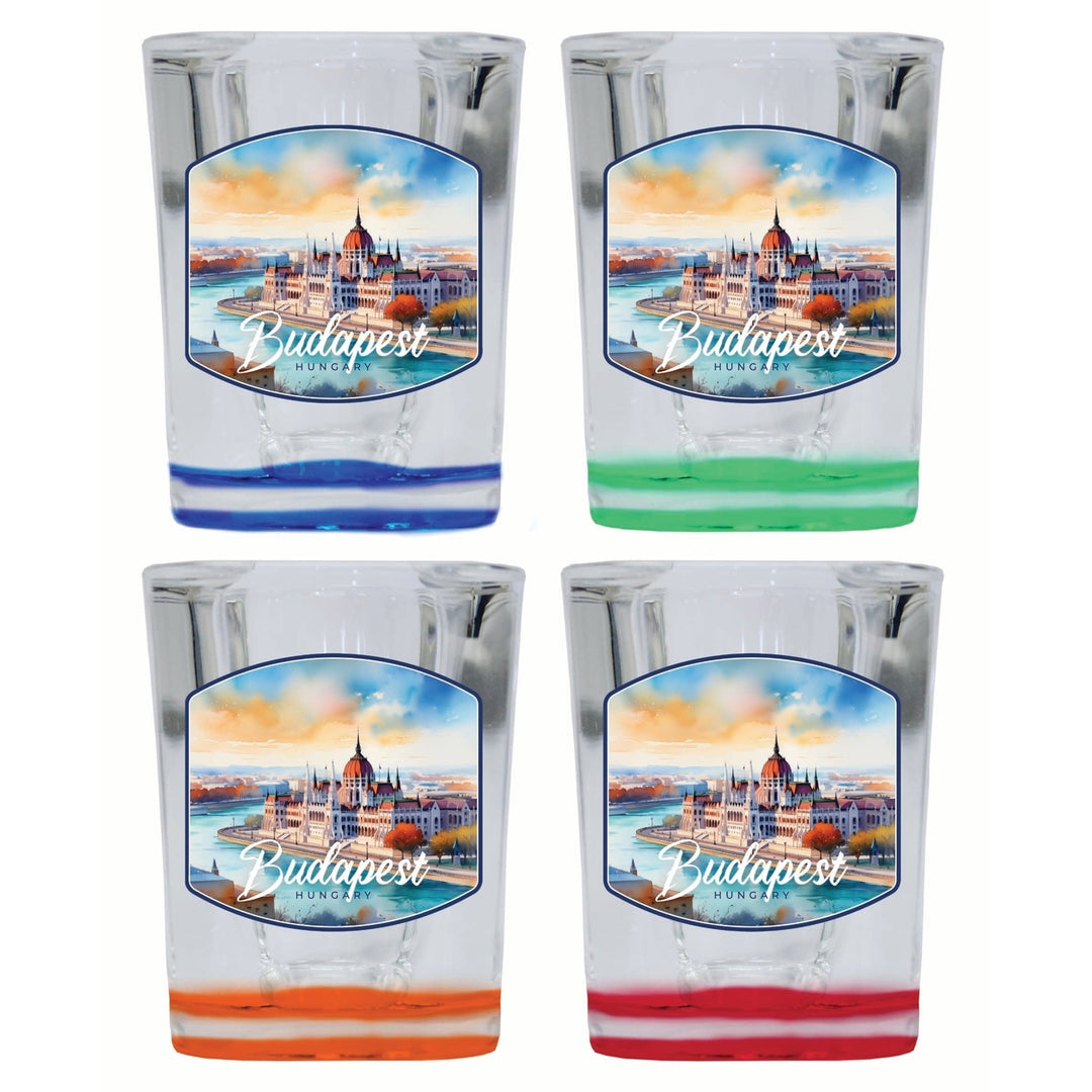 Budapest Hungary Watercolor Cityscape Design Souvenir 2 Ounce Shot Glass Square 4-Pack Multicolor Image 1