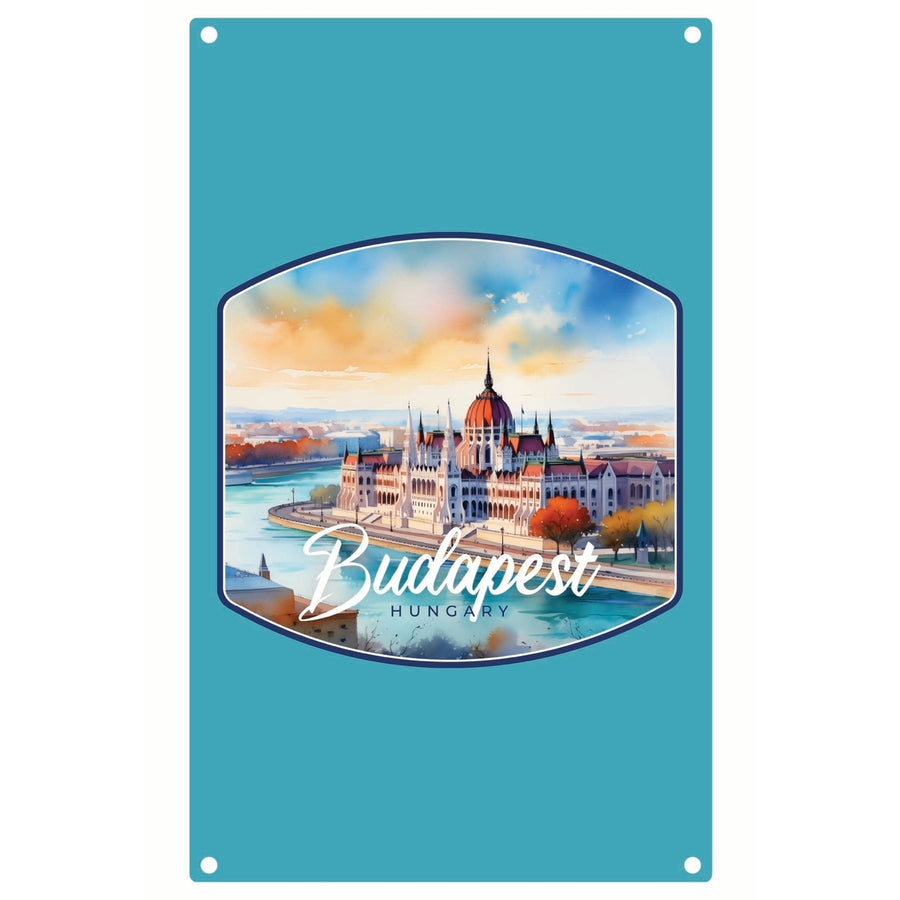 Budapest Hungary Watercolor Cityscape Design Souvenir Metal Sign 9 x 15 Image 1