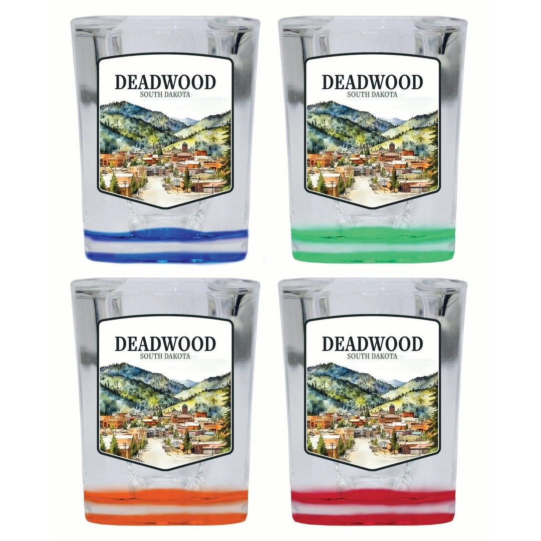 Deadwood South Dakota Watercolor Cityscape Design Souvenir 2 Ounce Shot Glass Square 4-Pack Multicolor Image 1