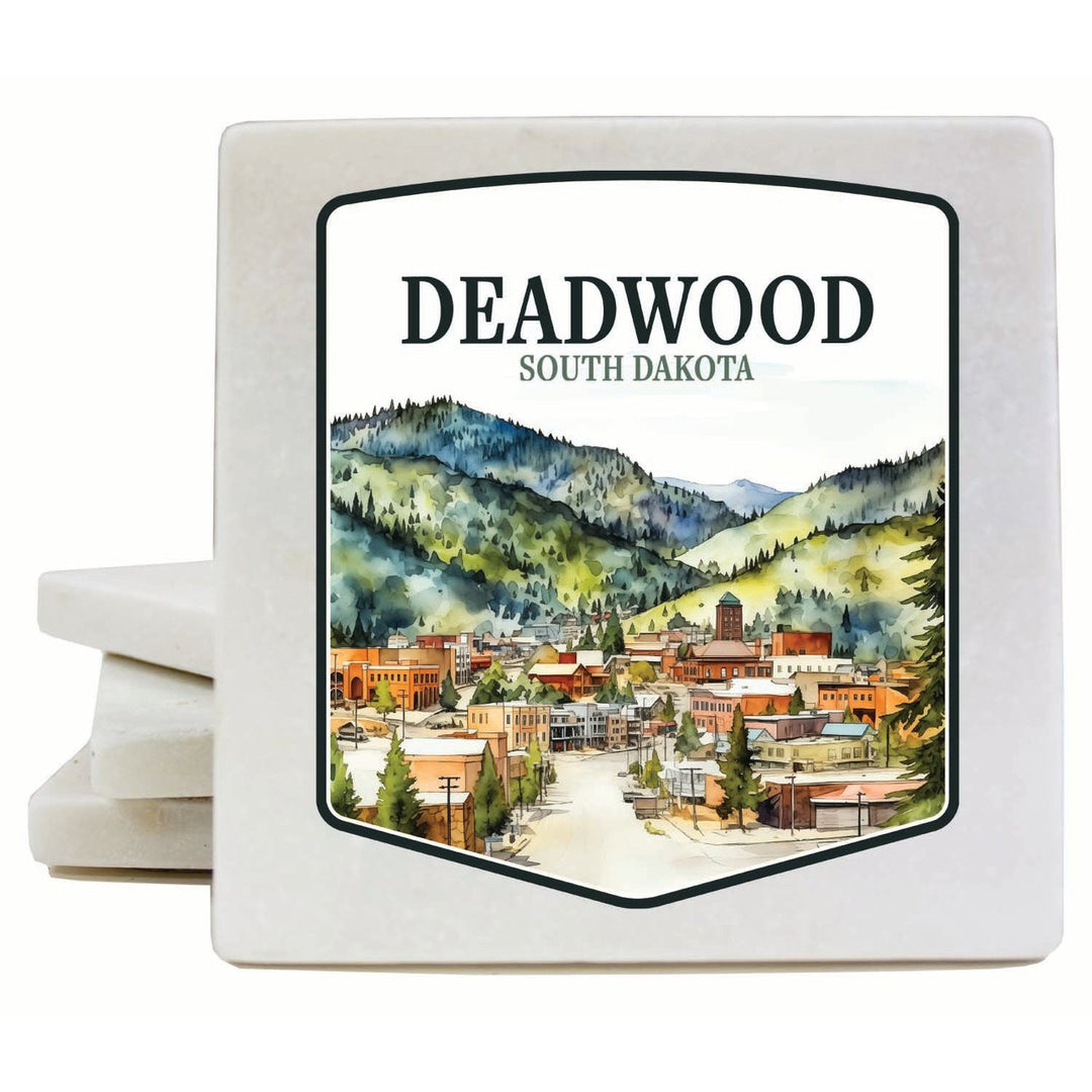 Deadwood South Dakota Watercolor Cityscape Design Souvenir 4x4-Inch Coaster Marble 4 Pack Image 1