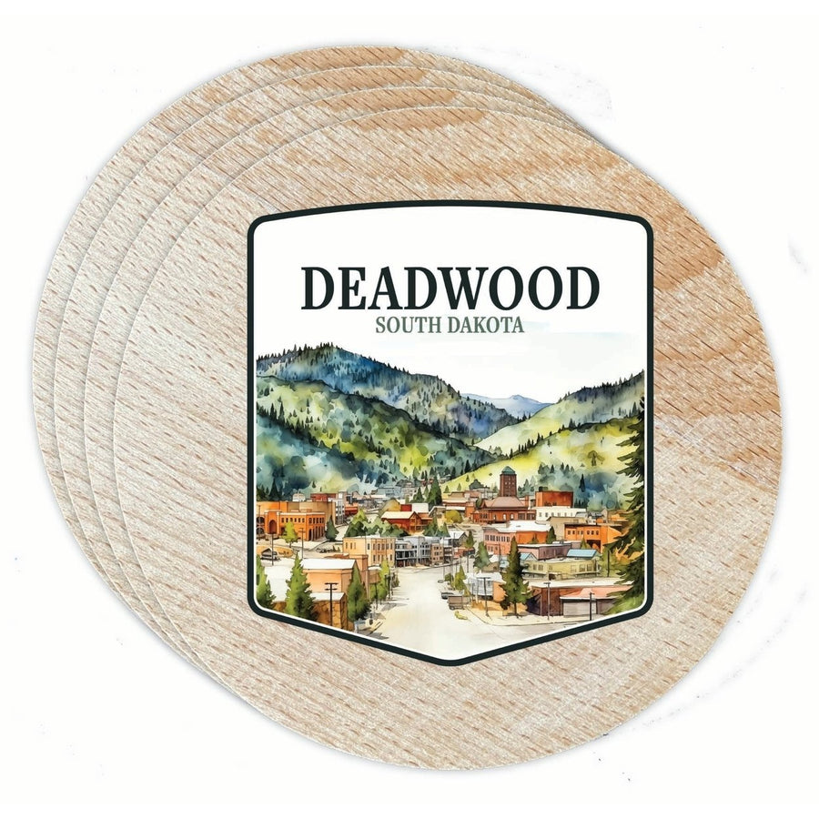 Deadwood South Dakota Watercolor Cityscape Design Souvenir Coaster Wooden 3.5 x 3.5-Inch 4 Pack Image 1