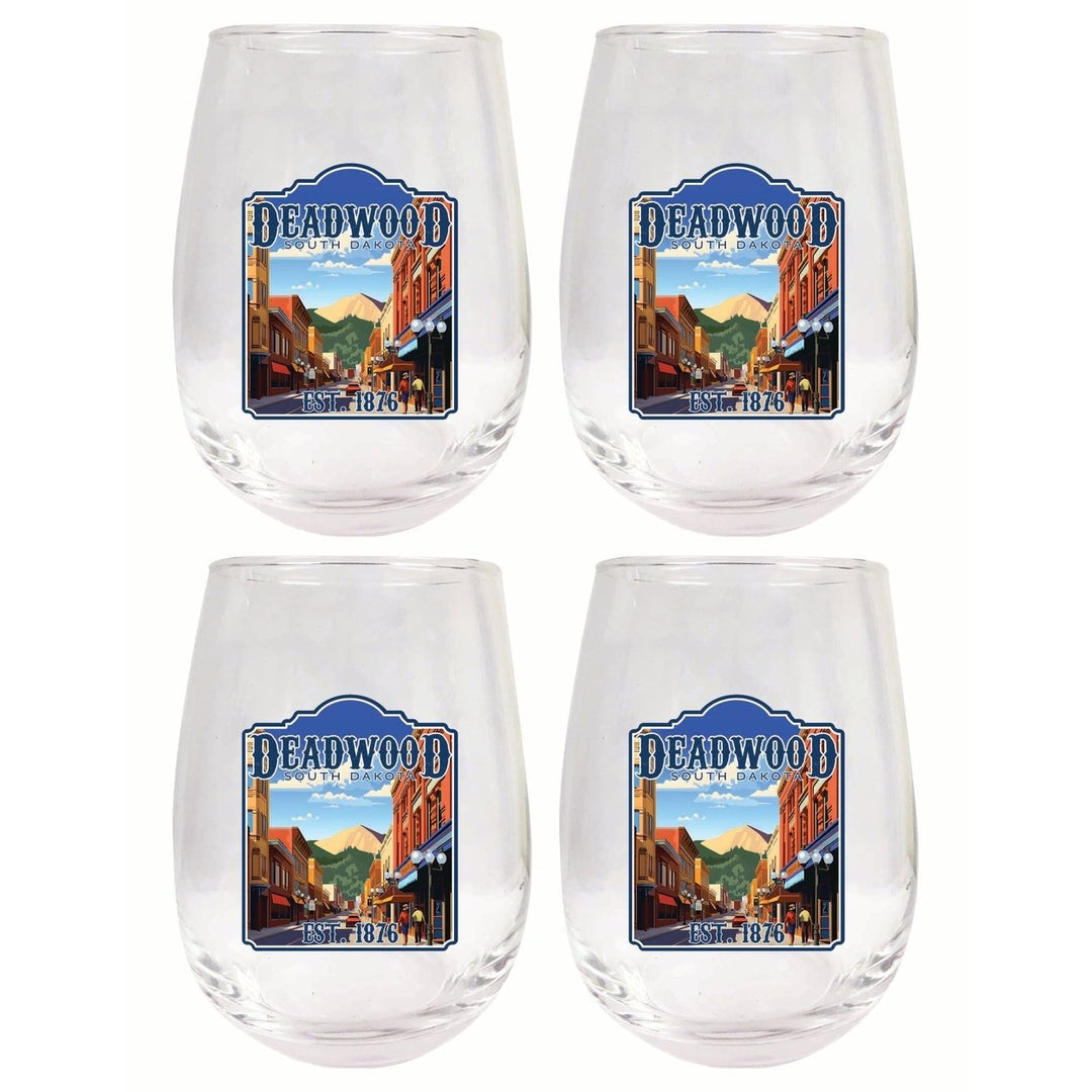 Deadwood South Dakota Wild West Design Souvenir 15 oz Stemless Wine Glass 4-Pack Image 1