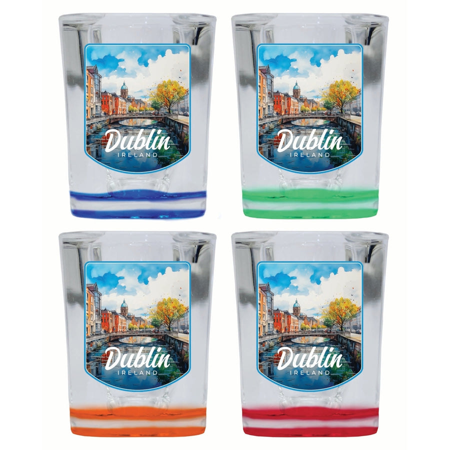 Dublin Ireland Watercolor Cityscape Design Souvenir 2 Ounce Shot Glass Square 4-Pack Multicolor Image 1