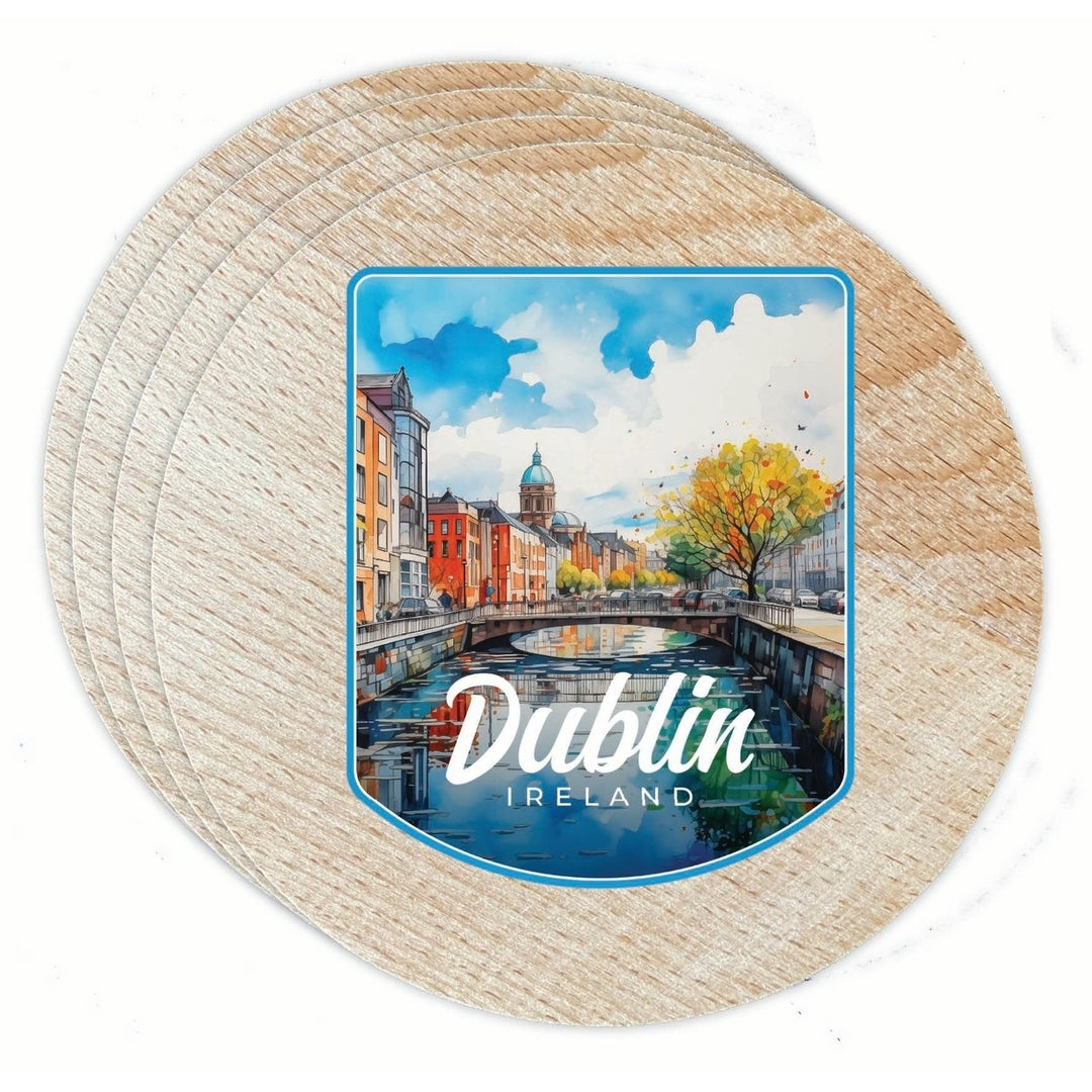 Dublin Ireland Watercolor Cityscape Design Souvenir Coaster Wooden 3.5 x 3.5-Inch 4 Pack Image 1