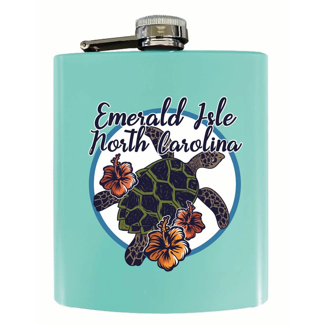 Emerald Isle North Carolina Turtle and Flowers Design Souvenir 7 oz Steel Flask Matte Finish Image 1