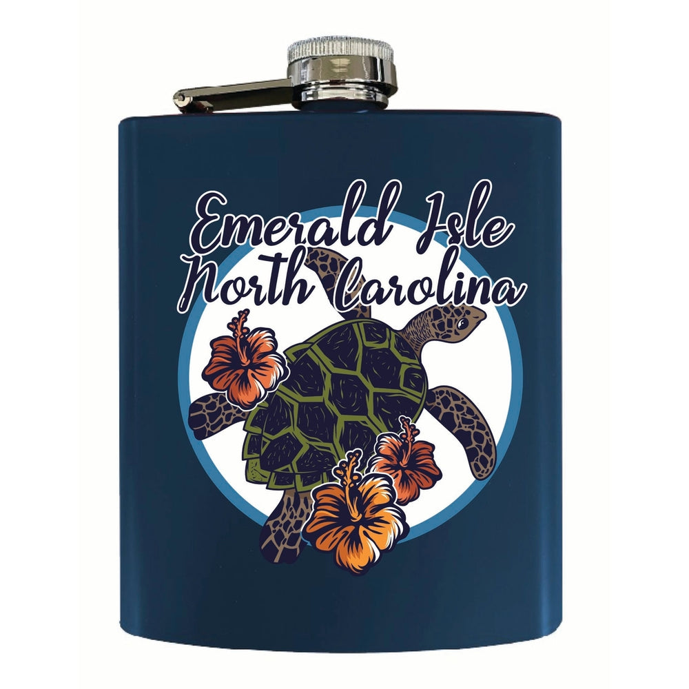 Emerald Isle North Carolina Turtle and Flowers Design Souvenir 7 oz Steel Flask Matte Finish Image 2