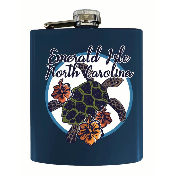 Emerald Isle North Carolina Turtle and Flowers Design Souvenir 7 oz Steel Flask Matte Finish Image 1