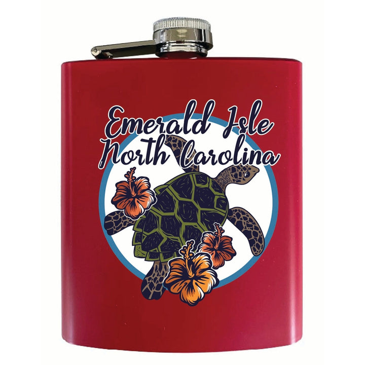 Emerald Isle North Carolina Turtle and Flowers Design Souvenir 7 oz Steel Flask Matte Finish Image 3