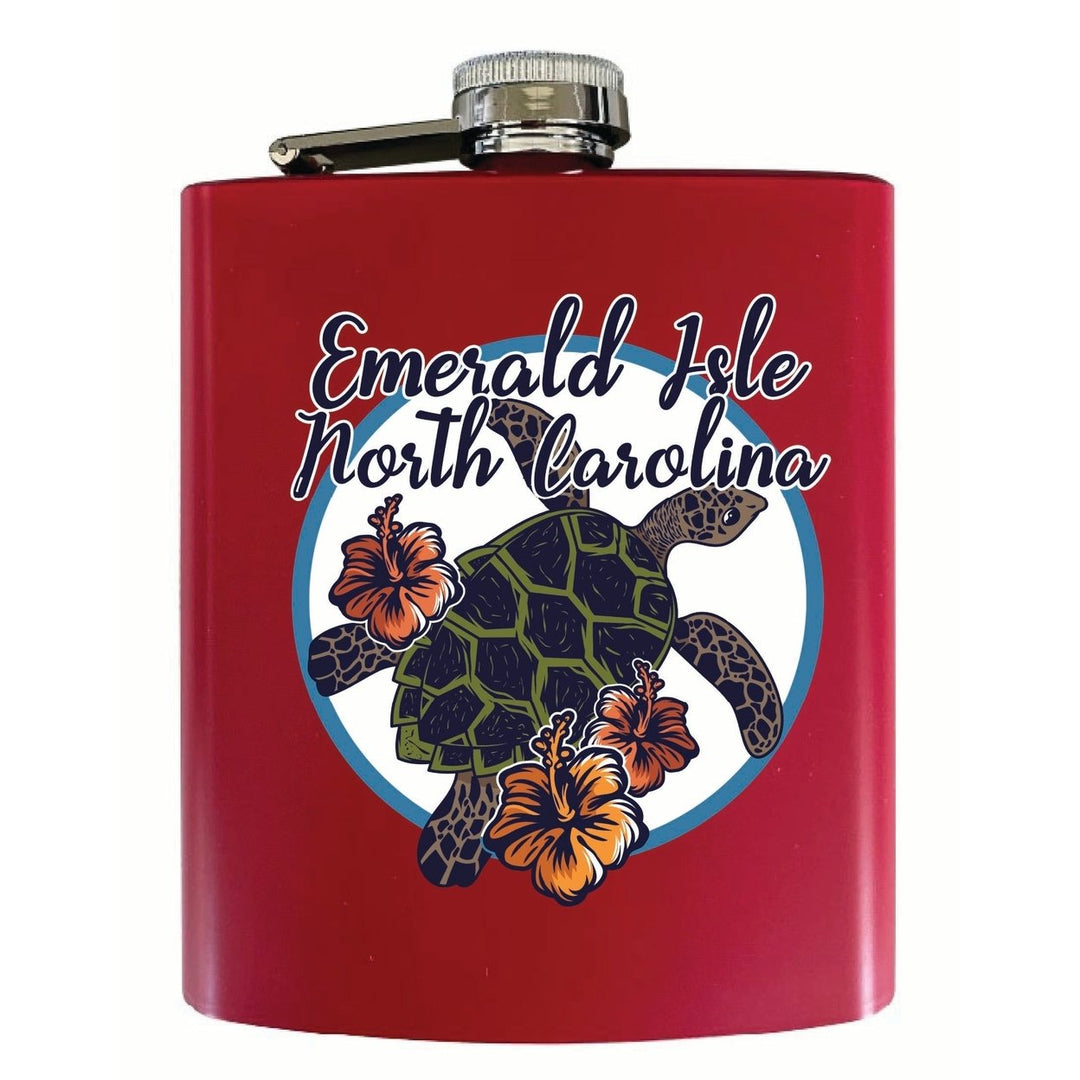 Emerald Isle North Carolina Turtle and Flowers Design Souvenir 7 oz Steel Flask Matte Finish Image 1