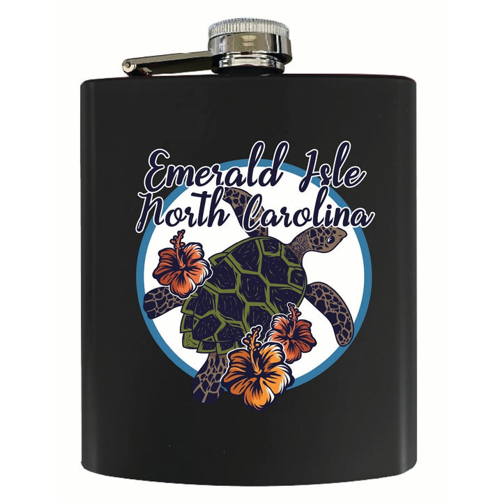 Emerald Isle North Carolina Turtle and Flowers Design Souvenir 7 oz Steel Flask Matte Finish Image 4